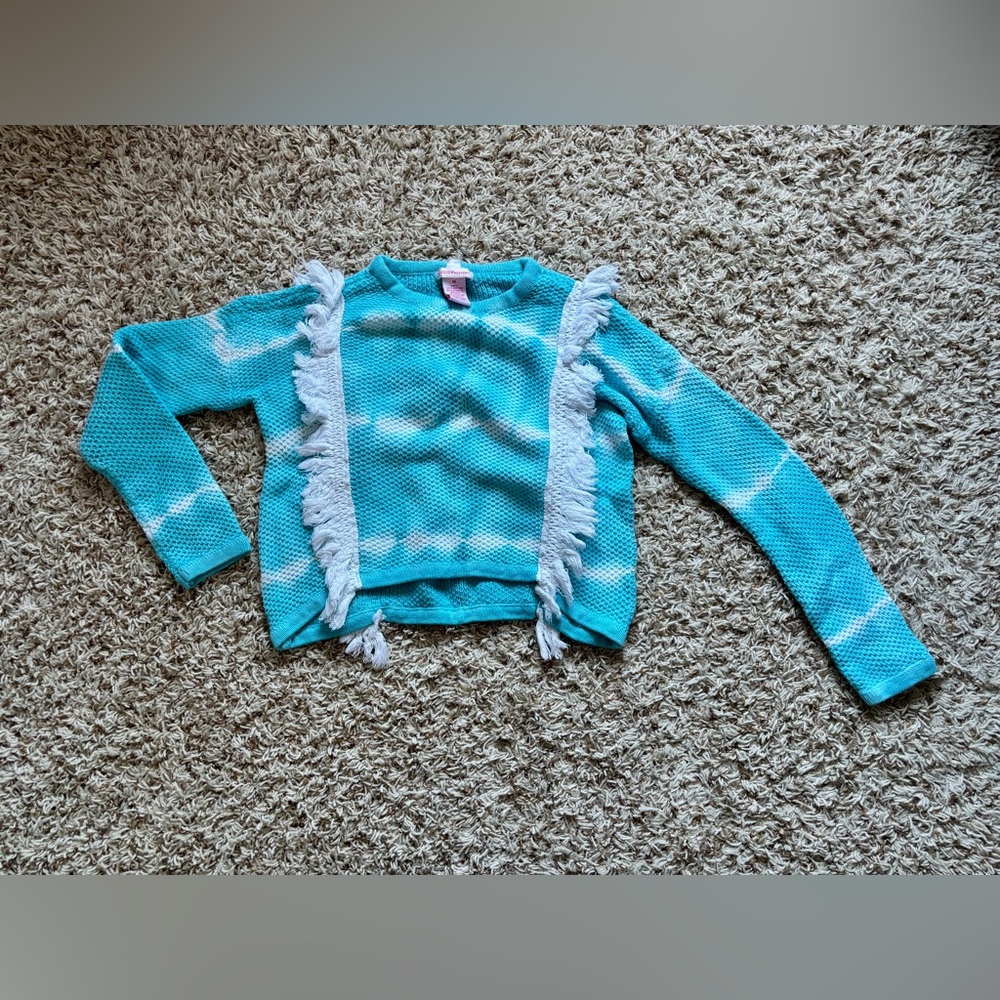 Design History Girls Turquoise Knit Fringe Sweater Size M